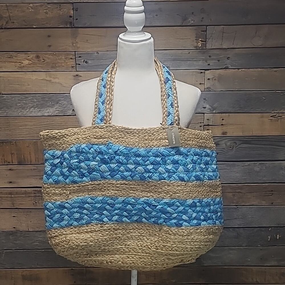 Chico's NWT woven XL beach tote bag turquoise summer vacation travel orig $119